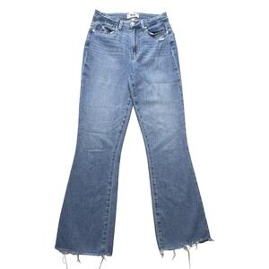 Paige Folk Flare Jeans Womens 27 Mid Rise Distressed Raw Hem Blue 26.5 Inseam